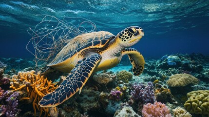 Fototapeta premium A sea turtle swims among vibrant corals, entangled in fishing nets, highlighting ocean pollution.