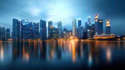 Fototapeta premium futuristic cityscape with illuminated skyscrapers reflecting on calm water at night