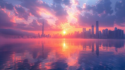 Fototapeta premium A vibrant sunset over a city skyline reflecting on water, creating a serene atmosphere.