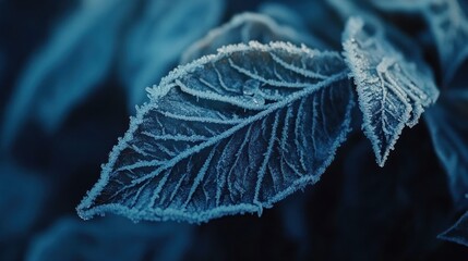The leaves show details of veins and ice crystals.