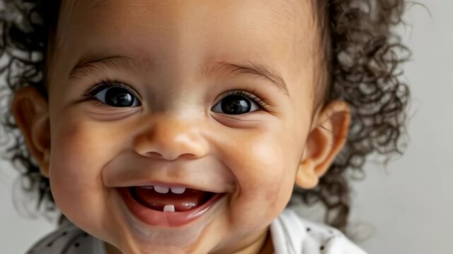 Joyful baby laughing and smiling with curly hair in individual portrait frames