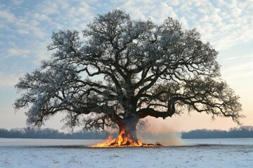 A majestic oak tree engulfed in flames, its base burning amidst a snowy winter landscape.