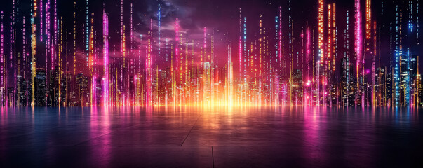 Futuristic Digital Cityscape with Neon Light Towers at Night. A sci-fi-inspired illustration of glowing neon vertical light streams rising above a city skyline.
