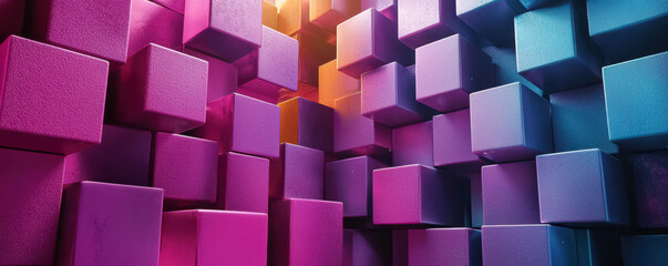 Abstract Geometric Wall with Purple and Blue 3D Cubes. A futuristic illustration featuring textured cubes in shades of purple, pink, and blue with glowing highlights.
