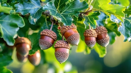 several acorns hanging from the branches of an oak tree  