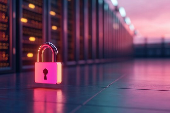 A digital padlock symbolizes data security in a server room.