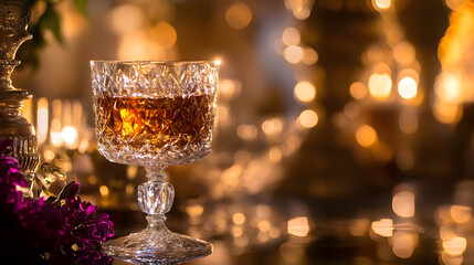 An Ornate Baroque Cocktail in a Stunning Crystal Goblet with Shimmering Gold Leaf Embellishments Set in a Bold and Dramatic Luxurious Environment