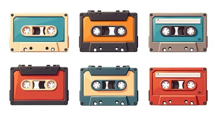 Obraz premium Vintage Cassette Tape Illustration Set with Retro Design Elements, Perfect for Music-Themed Projects and Nostalgic Decor.