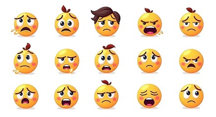 Set of Cute Emoji Illustrations Displaying Various Facial Expressions for Social Media and Communication