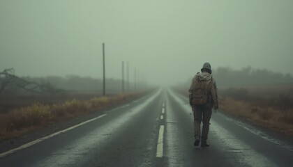 Fototapeta premium Lone survivor walking along a foggy, deserted highway with misty fields and utility poles