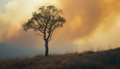 Half burned tree standing on a hill during sunset with smoke billowing from an expansive wildfire