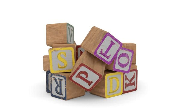 A to Z english alphabet wooden box fall on white background