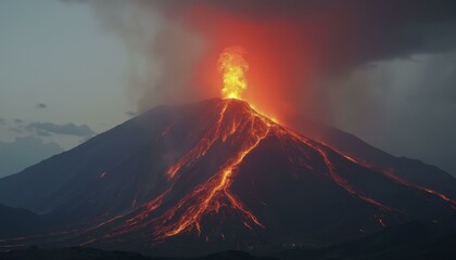 Fototapeta premium Active volcano erupting with lava flowing down its sides and ash cloud rising