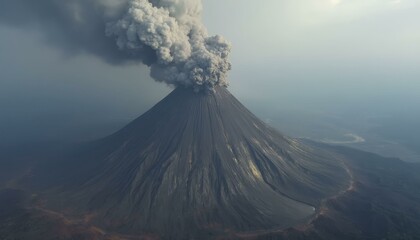 Aerial view of active volcano spewing ash and smoke with ash falling on nearby land