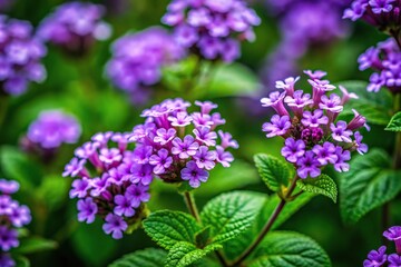 Obraz premium small purple flowers on green leaves background