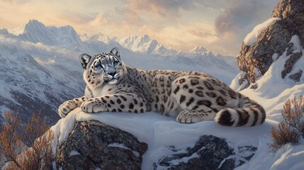 Fototapeta premium A snow leopard rests on a rocky outcrop amidst a snowy mountain landscape.
