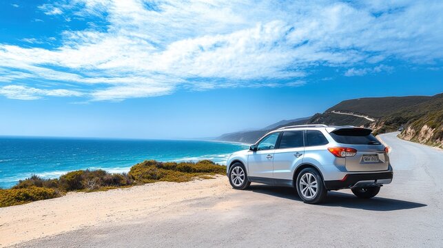 A silver SUV parked by a scenic coastal road with ocean views and blue skies
