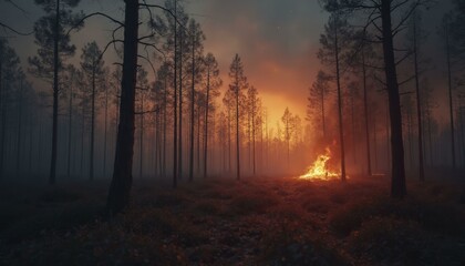Obraz premium Forest with glowing embers and darkened sky illustrating wildfire destruction