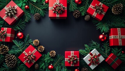 Christmas Gift Boxes and Festive Decorations – Perfect Holiday Background for Design Projects  black background with copy space