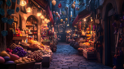 Lively Baroque Street Market with Ornate Stalls and Captivating Lighting Atmosphere