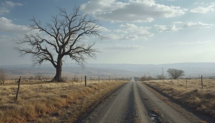 Lone tree on desolate gravel road after tornado with dry grass and distant hills