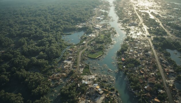 Aerial view of hurricane debris field with submerged town and flooded river