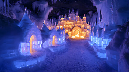 A Majestic Baroque Ice Palace in a Pristine Frozen Landscape with Whimsical Sculptures and a Dreamlike Ambiance
