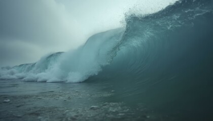 Naklejka premium Massive ocean wave cresting and crashing on sandy shore with frothy white crest