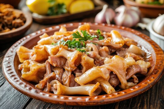 Madrid style tripe served on a rustic plate on a wooden table A traditional Spanish dish