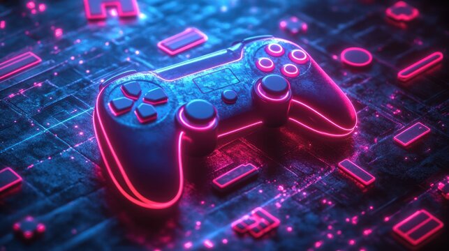 Neon gamepad on futuristic circuit board.