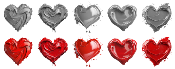 2 Collection set of grey gray red maroon, love heart shape blob paint ink liquid smear smudge swatch cream gel wax on transparent cutout, PNG file. Many different design. Mockup template artwork	
