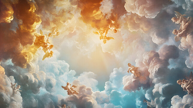 Stunning Baroque Ceiling Fresco Featuring Tumultuous Clouds and Whimsical Cherubs in Dramatic Color Palette