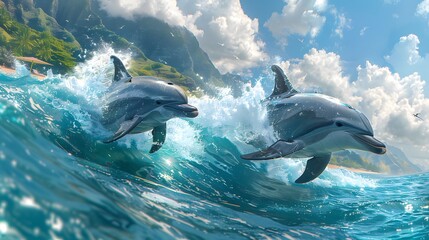 Sunny Beach Realistic characters Surfing Dolphin