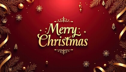Elegant Christmas Card with Burgundy Background, Gold Merry Christmas Text, and Holiday Decorations