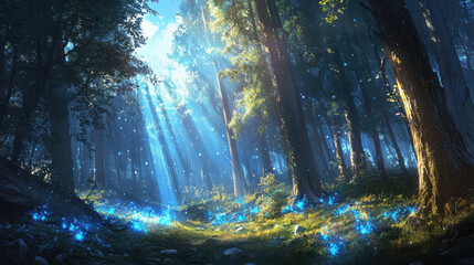 Obraz premium Sunrise rays illuminating a dense forest nature photography serene environment captivating viewpoint