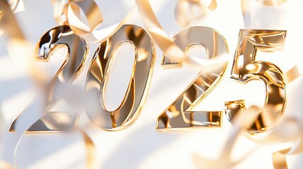 Luxurious golden "2025" numbers suspended on soft pastel-colored ribbons, casting glowing reflections on a white backdrop
