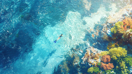 Obraz premium Traveler snorkeling in crystal clear waters coral reefs underwater adventure tropical paradise aerial view marine life exploration
