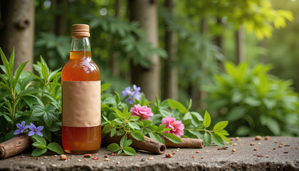 Herbal infusion bottle mockup with blank label, natural setting, surrounded by flowers and plants, copy space