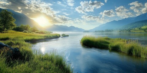 Fototapeta premium A river serves as a natural flowing watercourse, typically composed of freshwater, directing its flow towards an ocean, sea, lake, or another river, highlighting the significance of rivers in nature.