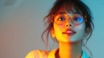 Portrait of a young woman of Asian appearance in stylish and bright glasses. Young woman of model appearance in photochromic glasses.
