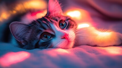 A cute cat lies on a soft blanket under magical neon lighting. A contented cat is relaxing in a warm and cozy environment.