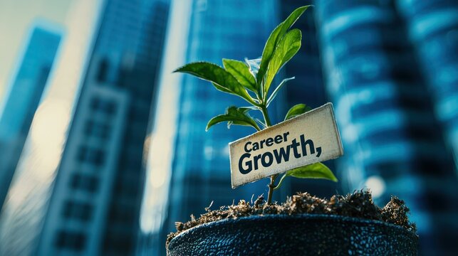 A thriving plant growing in a pot labeled "Career Growth," with a backdrop of office buildings