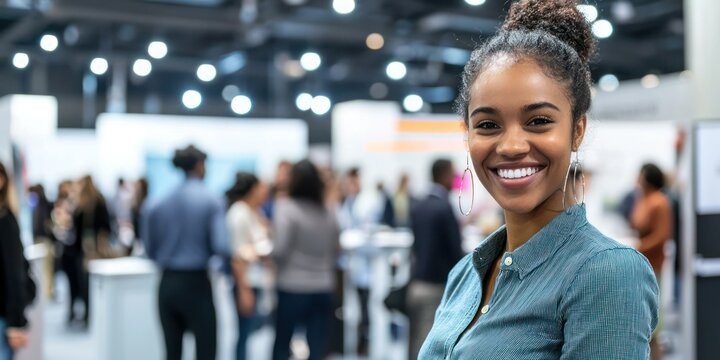 A vibrant booth at a career fair showcasing a company's culture and available job positions, with enthusiastic attendees
