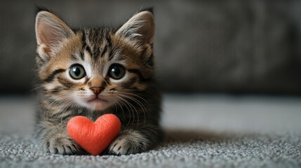 A cute kitten holds a heart in its paws - a symbol of love. Fluffy kitten with a heart in its paws.