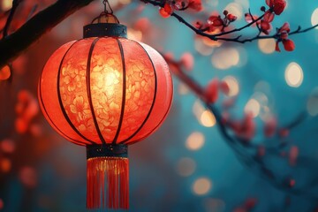 A red paper lantern hangs on a branch of a blossoming sakura tree. Festive paper lantern.