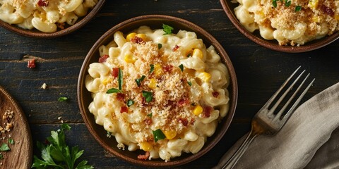 Delicious mac and cheese with corn, bacon, and crispy panko breadcrumbs served on plates alongside a fork, beautifully arranged on a dark wooden table for an appealing vertical close up view.