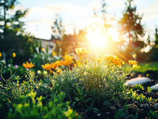 Fototapeta premium Sunlit closeup of blooming flowers vibrant garden nature photography spring environment ground level viewpoint