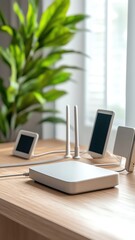 Highspeed Internet Connectivity in Smart Home Offices showing a cozy workspace with a router, multiple connected devices, and seamless streaming.