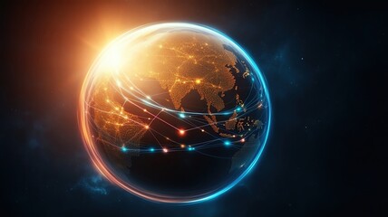 Obraz premium Illustrations of Data Flow Across Global Networks with Futuristic Designs showing a glowing 3D globe with vibrant data lines flowing across continents.