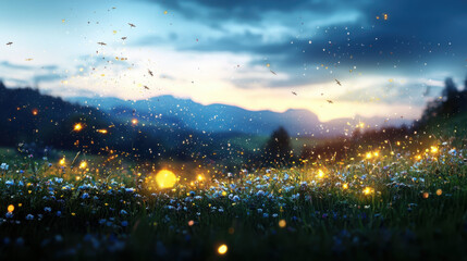 Enchanted fireflies illuminate a meadow at dusk fantasy illustration nature scene whimsical perspective
